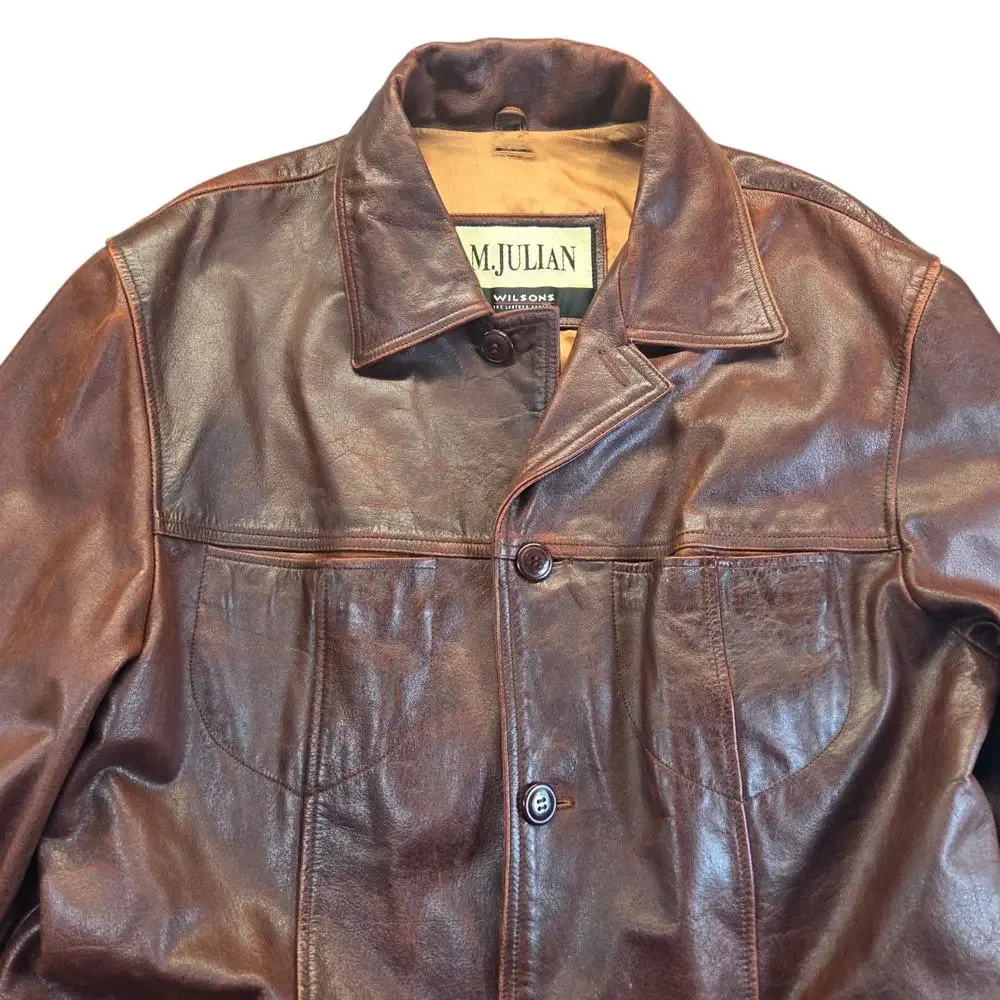Vtg 90's WILSONS‎ Leather PATINA Coat LARGE JULIAN Brown Baggy Heavy Jacket